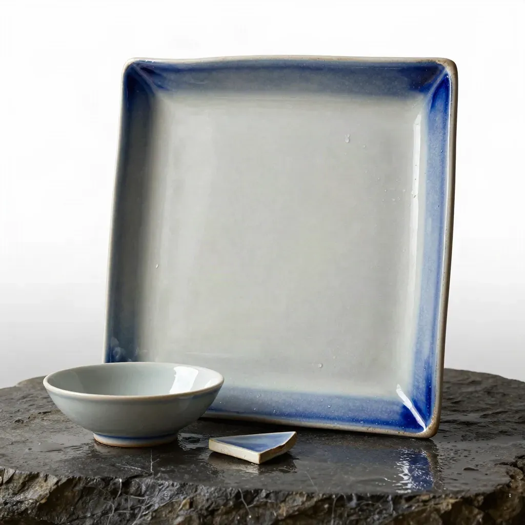 Pannello maiolica blu su pietra bagnata con frammenti e ciotola bassa, luce radente e gocce.
