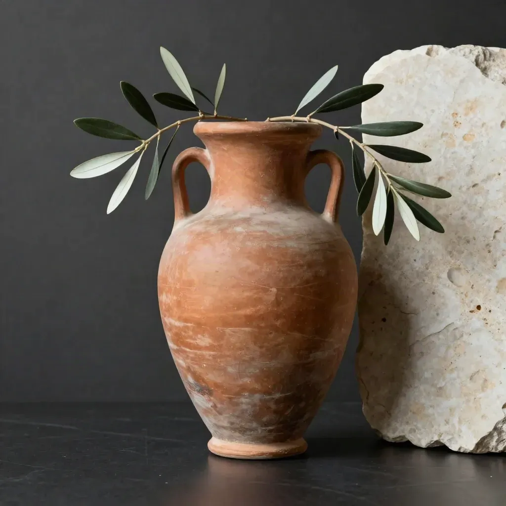 Anfora in terracotta con ramo d’ulivo su lastra di pietra, luce drammatica in studio.