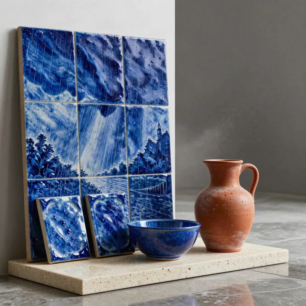 Pannello maiolica blu cobalto con piastrelle, ciotola smaltata e brocca in terracotta, in luce di studio.