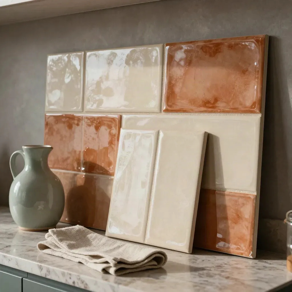 Pannello cucina maiolica con piastrelle campione, brocca bassa e panno piegato su piano in terracotta.