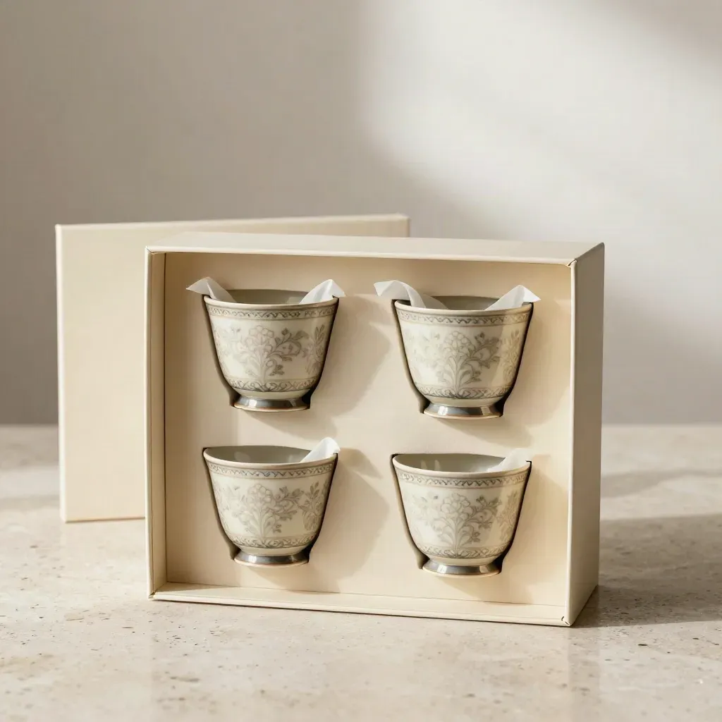 Set regalo con quattro tazze in scatola aperta e carta velina su fondo crema.