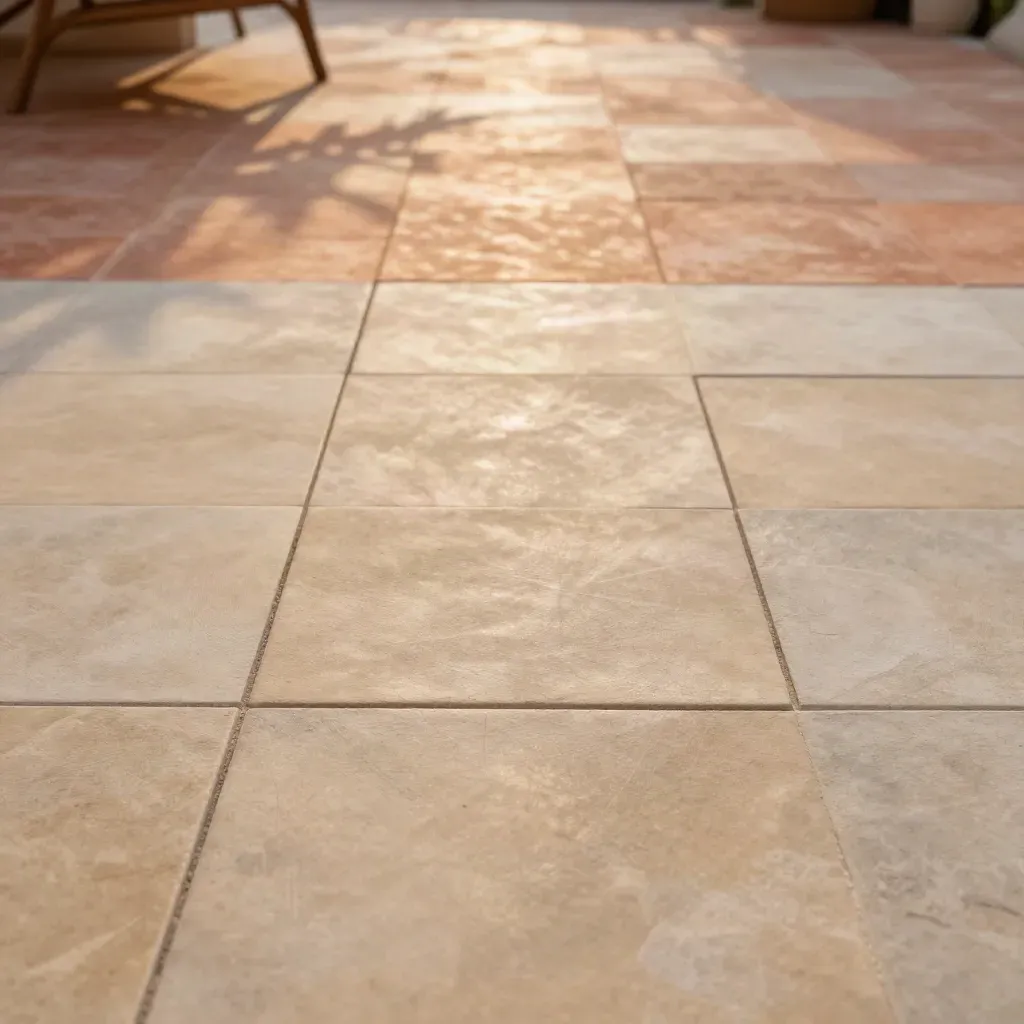 Piastrelle pavimento sabbia e terracotta con patio sfocato e ombre di foglie.